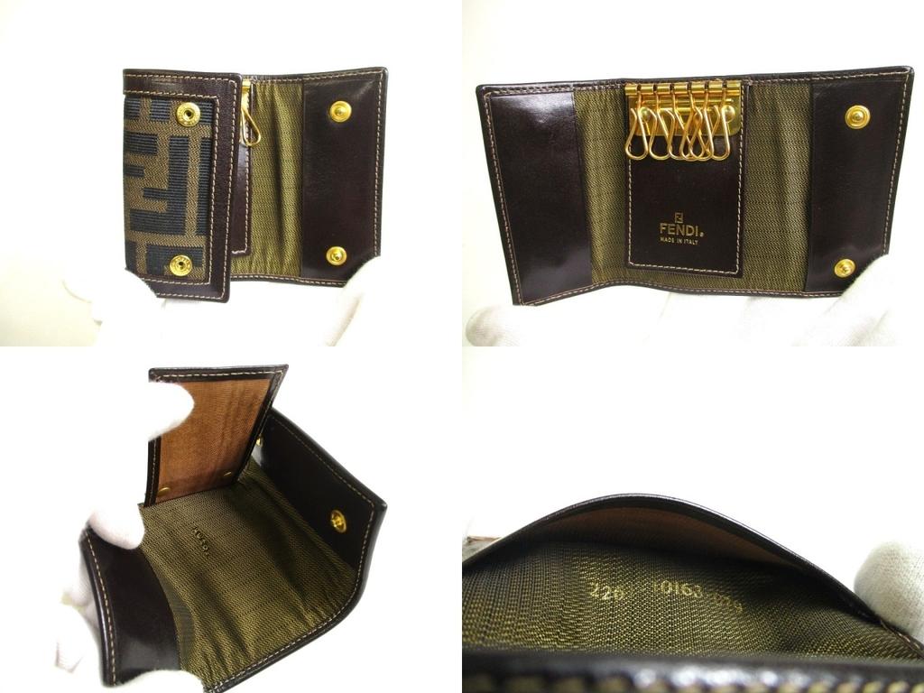Оригинальный брелок FENDI Zucca Khaki Canvas Dark Brown Leather 6pics #a455 восстановленный
