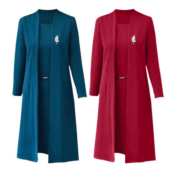 2 шт./комплект женский пальто платье костюм длинный рукав средней длины однотонный пиджак без рукавов круглый вырез А-силуэта миди платье плюс размер формальный деловой стиль