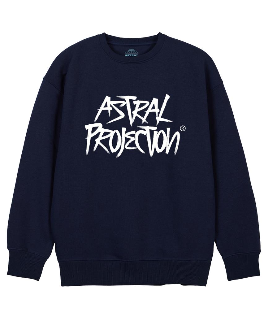 Свитшот свободного кроя ASTRAL PROJECTION с граффити-надписью_Темно-синий