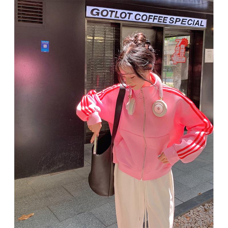 Женская маленькая розовая бейсбольная куртка со стойкой - Спортивная, Повседневная, для весны и осени