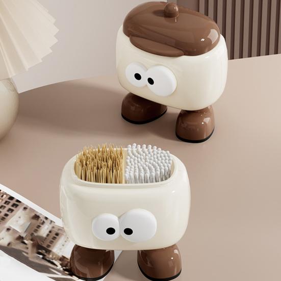 Toothpick Dispenser Pen Holder Cartoon Design Multifunction 2 Grids Covered Tooth Pick Holder Desktop Storage Box