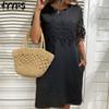 Женская мода лето весна сплошной цвет печати кружева с коротким рукавом и круглым вырезом повседневные платья