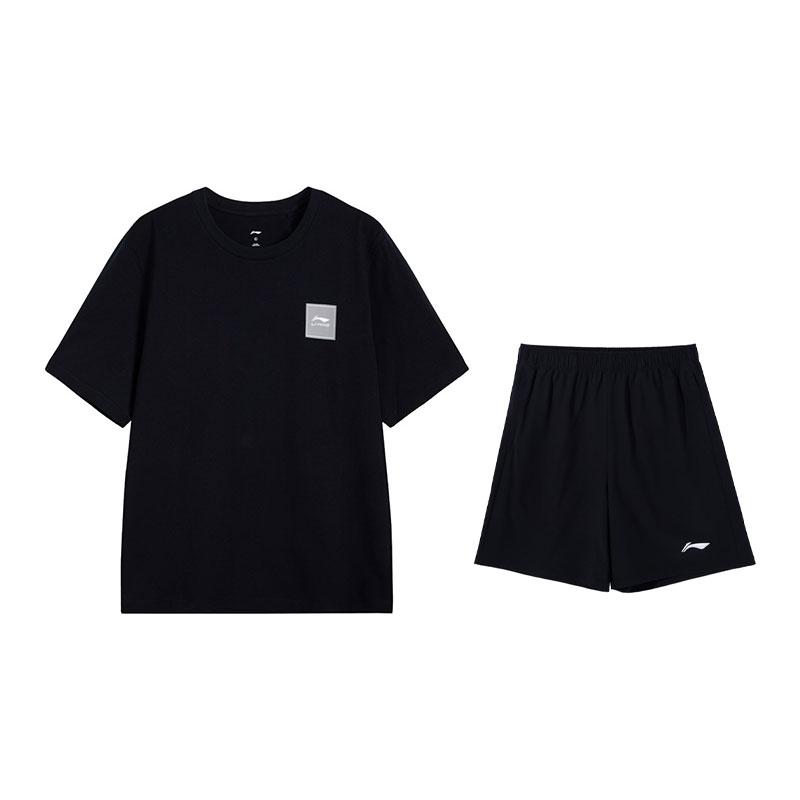 Li-Ning Модная дышащая футболка с коротким рукавом и логотипом, удобные повседневные брюки, спортивный костюм, мужской костюм, черный W877-1+V236-1