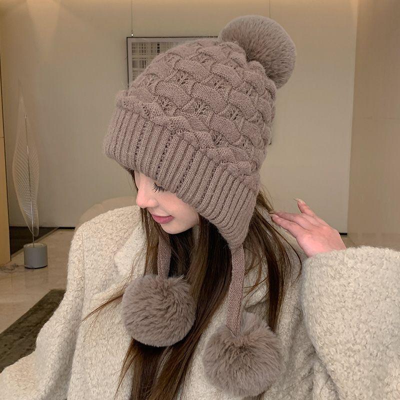 Wool Hat Women's Winter Plush Thickened Hairball Ear Protection Warm Hat Cold-proof Knitted Hat