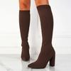 Liyke Green Women Cozy Knitting Stretch Fabric Knee High Boots Fashion Square Heels Autumn Winter Sock Long Shoes Booties Female