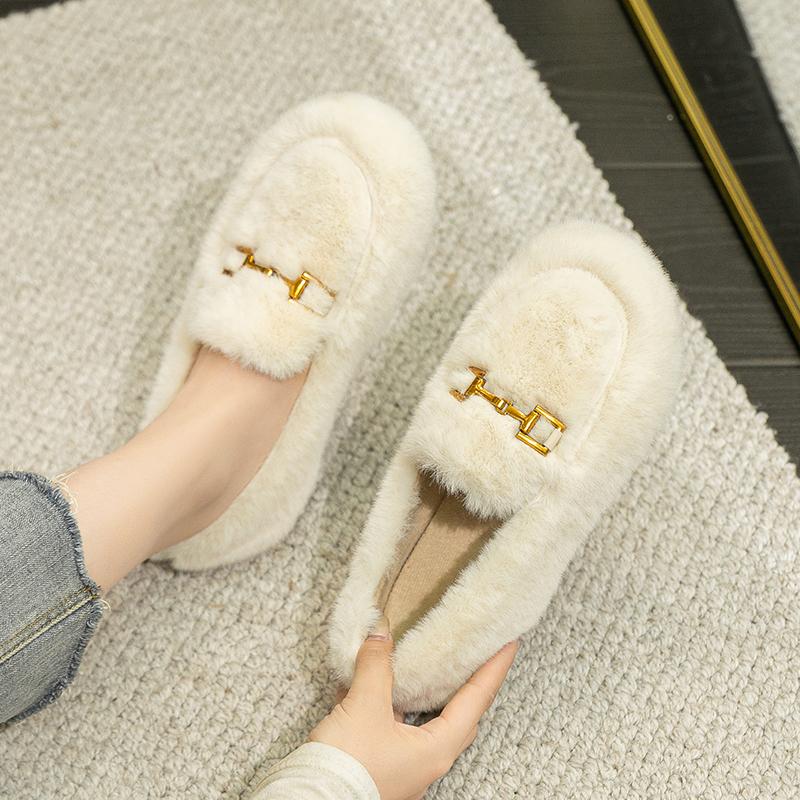 2023 Winter Women's Outdoor Plush Warm Shoes Korean Style Metal Decoration Snow Boots White Boat Shoes Ladies' Casual Flats