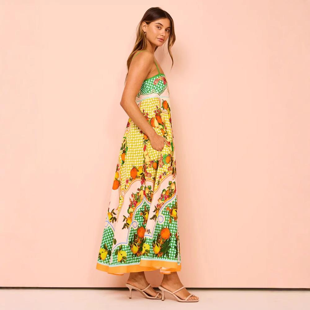 European and American Cross-border 2024 Independent Station  Fashion Printed Backless Spaghetti Strap Sexy Loose Dress for Women