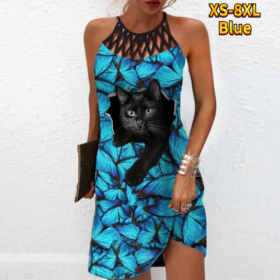 Летнее модное сексуальное платье без рукавов, мягкое повседневное платье с 3D принтом черного кота, платье на бретельках без рукавов, летнее платье на подтяжках