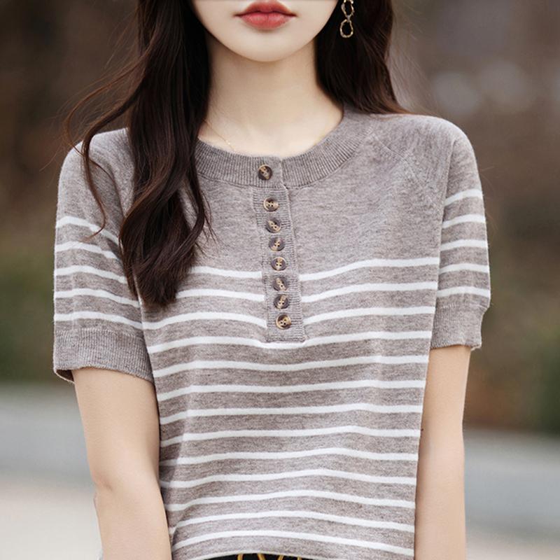 Женская вязаная футболка MODERN NEW SAGA, летняя вязаная рубашка, полосатые футболки с короткими рукавами, пуловер с круглым вырезом, вязаные топы