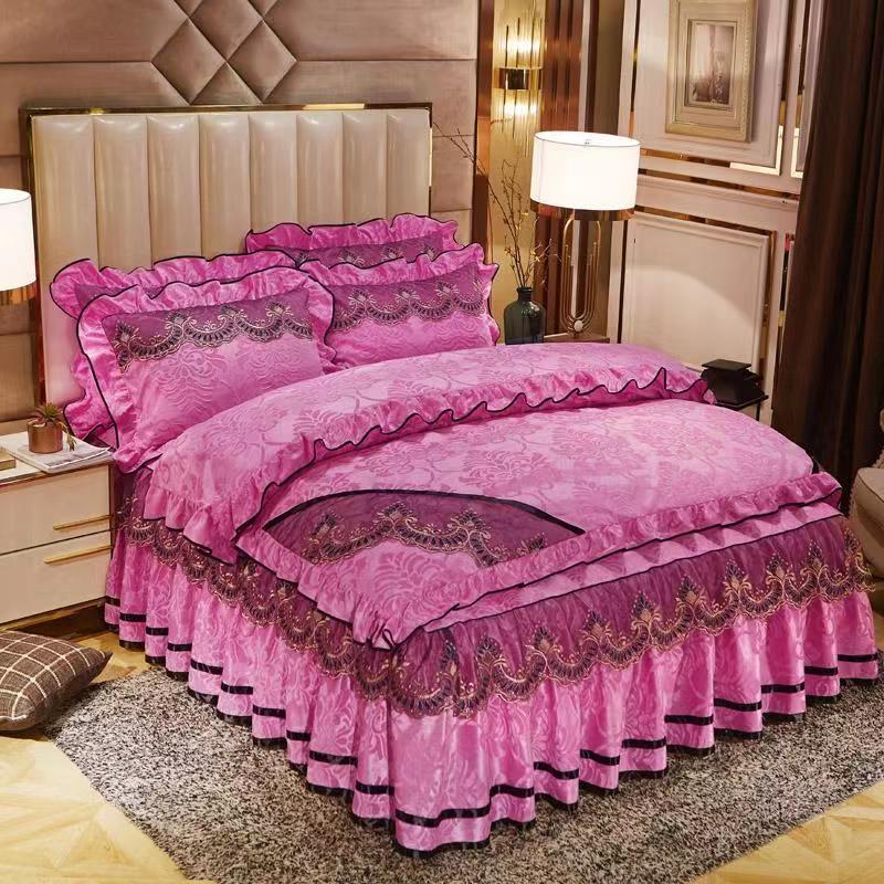 Размер King Size/Queen Size/Twin Size Кружевная юбка-кровать Пододеяльник Наволочка Комплект из четырех предметов Утолщение Теплая спальня Простое постельное белье Высокое качество Осень Зима