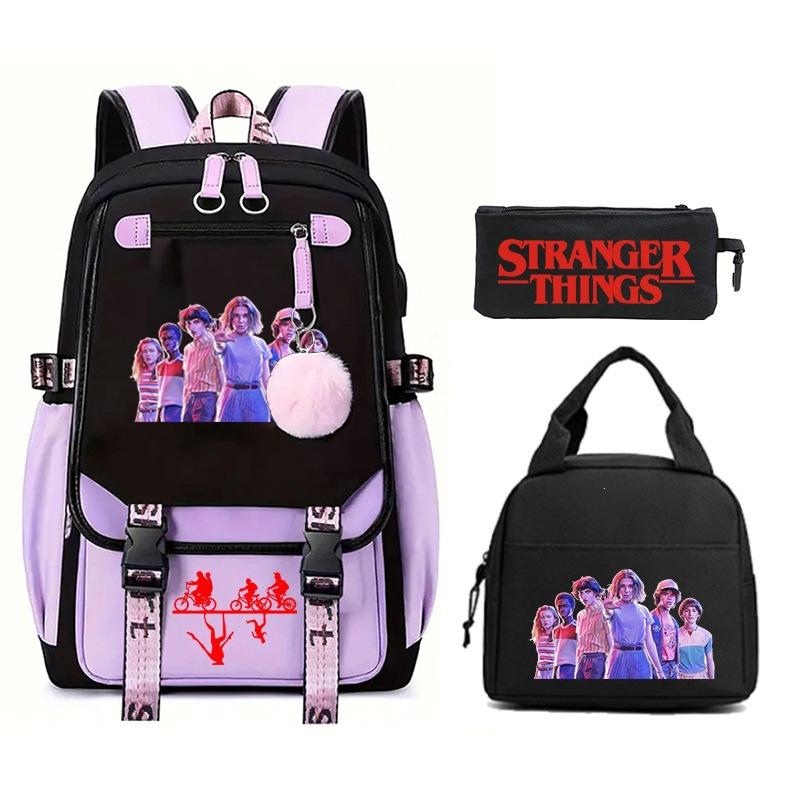 Модный Детский Рюкзак Stranger Things Комбинация Три Предмета Универсальный Для Мальчиков и Девочек Студенческая Школьная Сумка