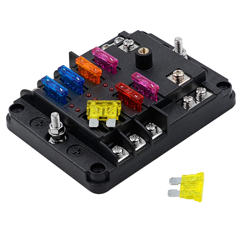 Waterproof 12 Volt Fuse Block, 6 Way with 6 Ground Negative Busbar[100 Amp Max] [ATC/ATO Fuses] [LED Indicator] [2 Spare Fuse Slots] for Car Boat Etc.