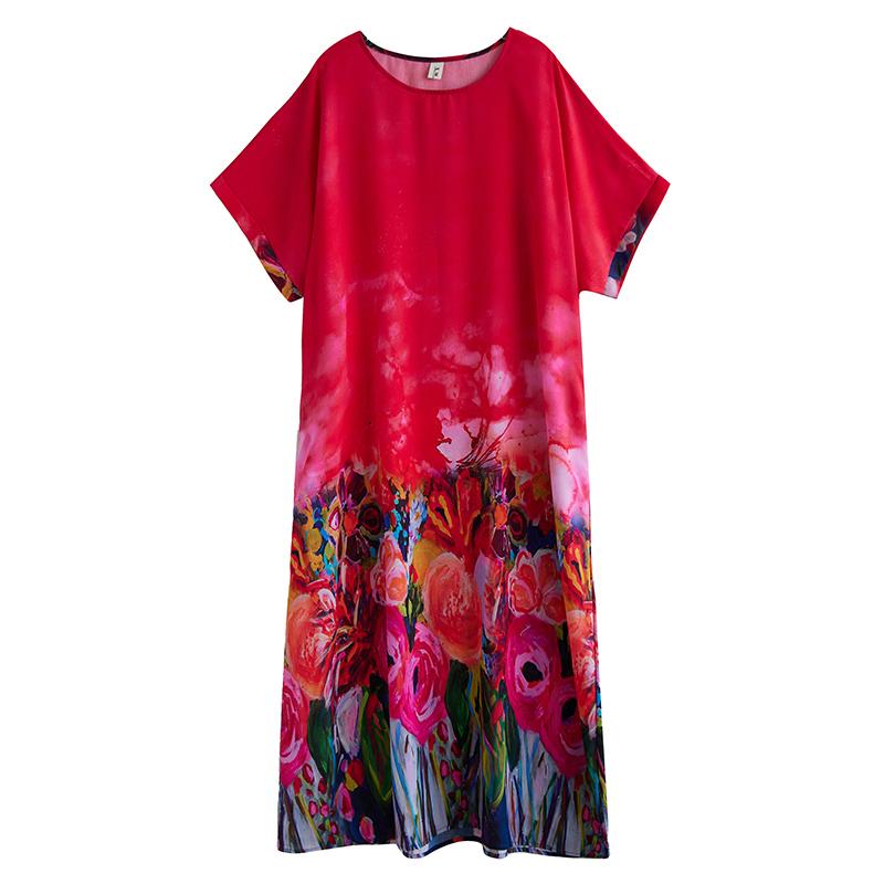 DIMANAF 2025 Летнее Женское Платье Большого Размера Свободное Длинное Пляжное Базовое Повседневное Платье Винтажный Цветочный Принт Праздничное Платье