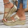 Women's Sequins Wedge Slide Sandals Fashion Soft Sole Open Toe Slip On Shoes Casual Outdoor Summer Beach Slides