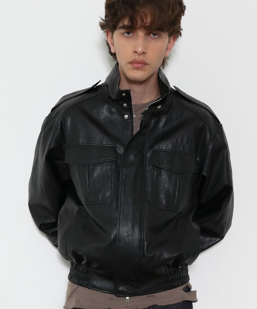 DOFFJASON High-Neck Epaulet Leather Uniform Jacket Black