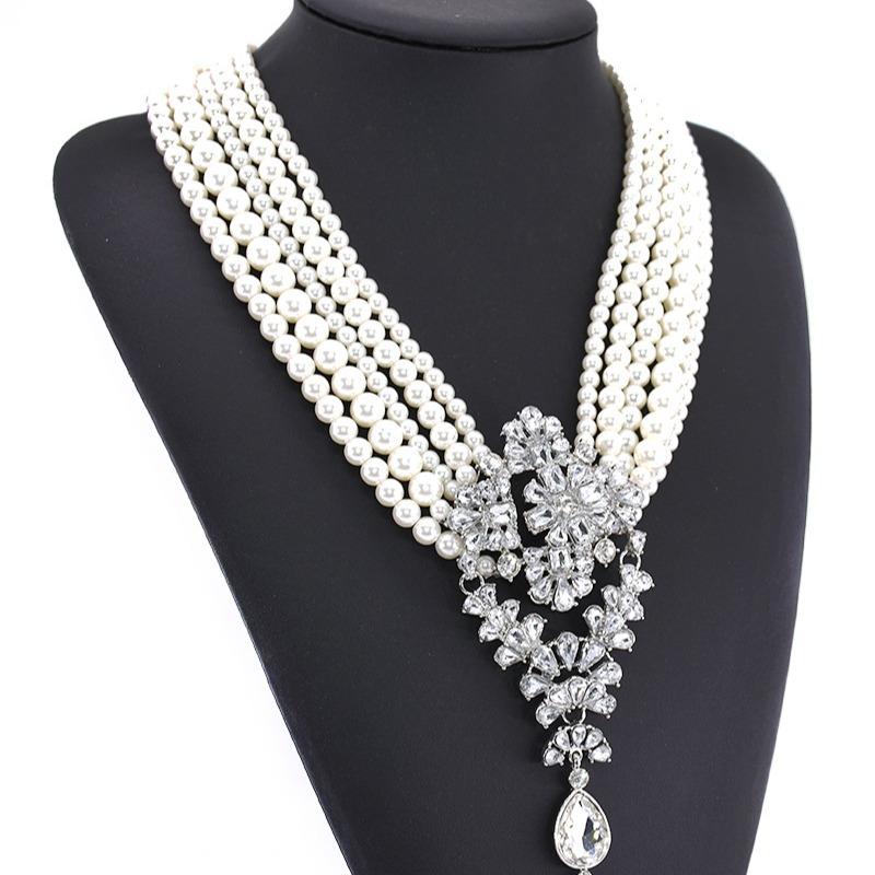 Multi-Layer Pearl Crystal Gemstone Water Drop Pendant Short Collarbone Necklace Fashionable And Exaggerated