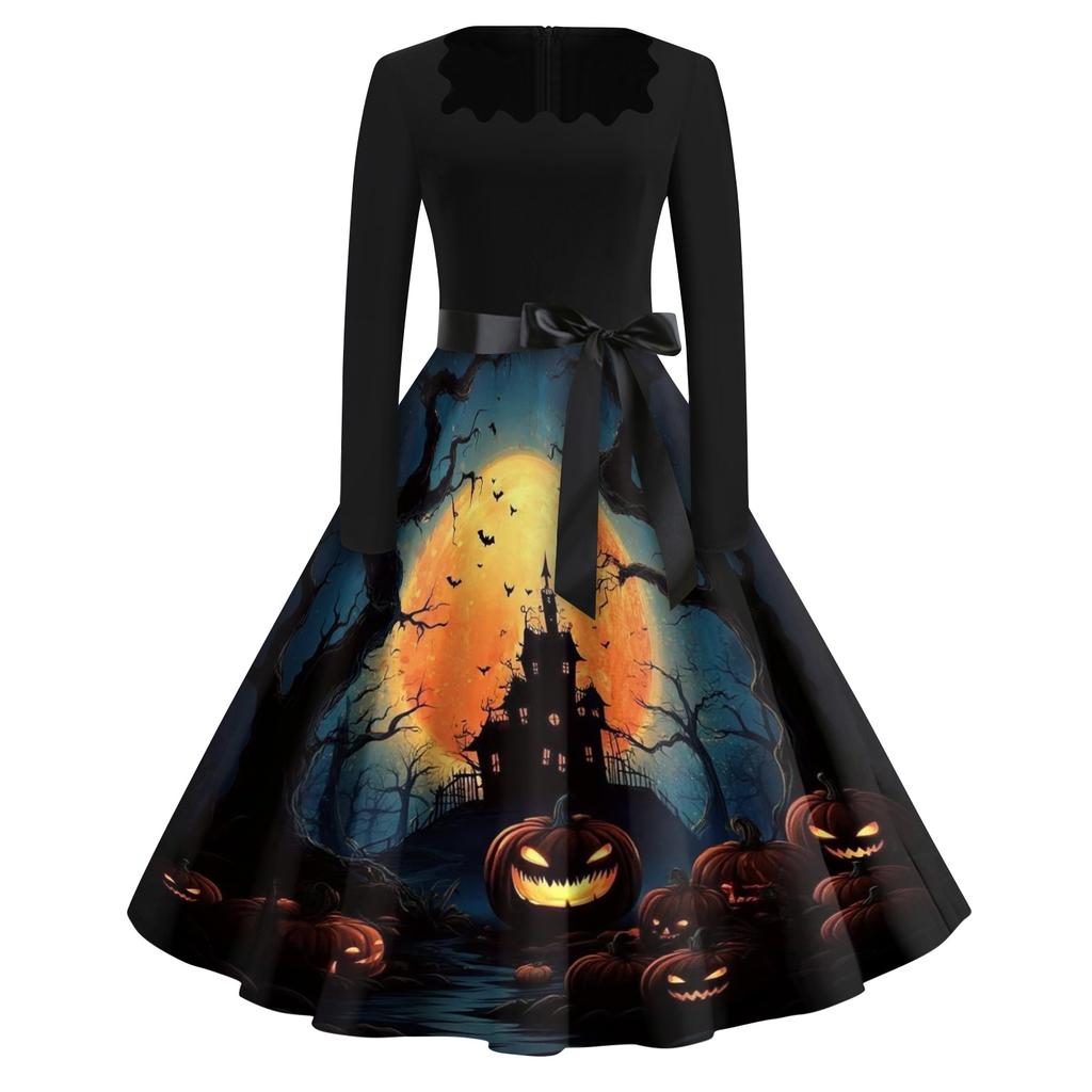 Women's Casual Vintage Halloween Dress Long Sleeve Square Neck Fit and Flare Midi Dress with Printed Skirt and Waist Tie