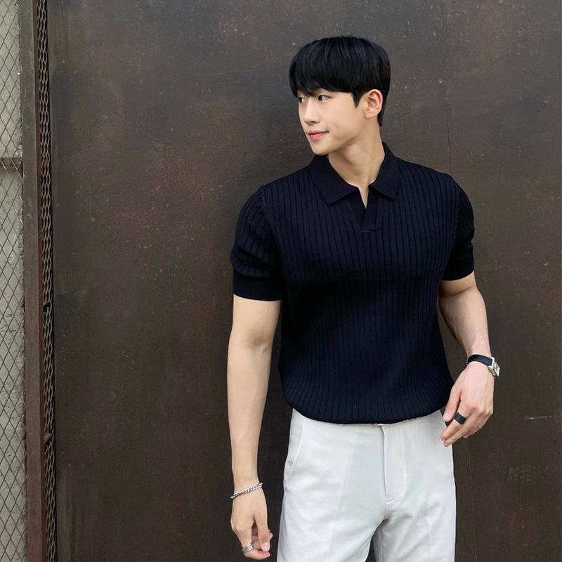 Men's Trendy Summer Japanese Style Polo Shirt - Short-Sleeved, Solid Color, Versatile Knitted Top