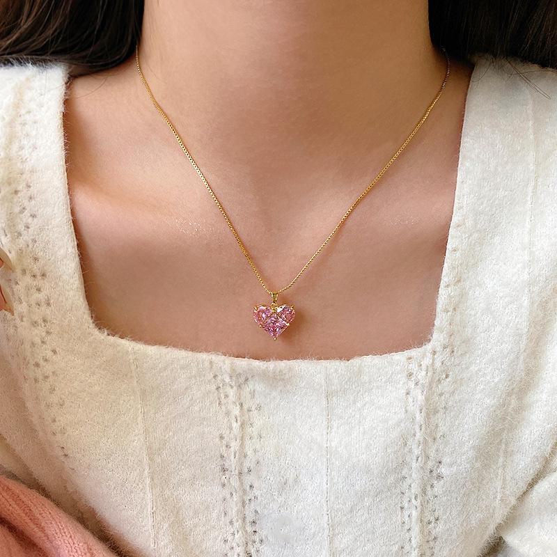 Комплект из позолоченных серебряных сережек в форме сердца и колье в форме сердца из циркония 5А для женщин