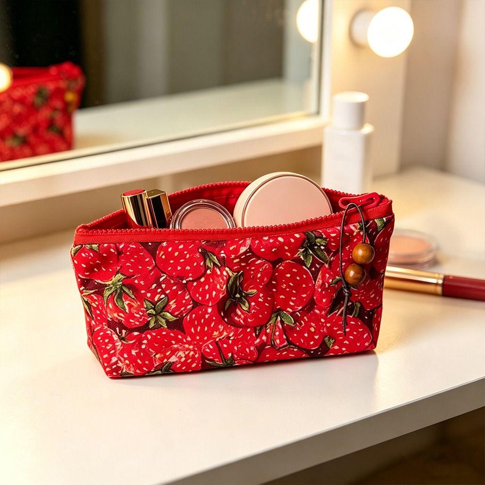 Zipper Design Pencil Case Strawberry Print Cosmetic Bag Trendy Makeup Pouch  School Supplies