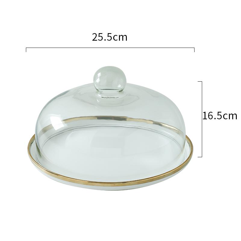 Ceramic Cake Pan Glass Cover Round Decorative Plate with Transparent Cover Display Stand Tray Cake Stand Snack Dessert Plate