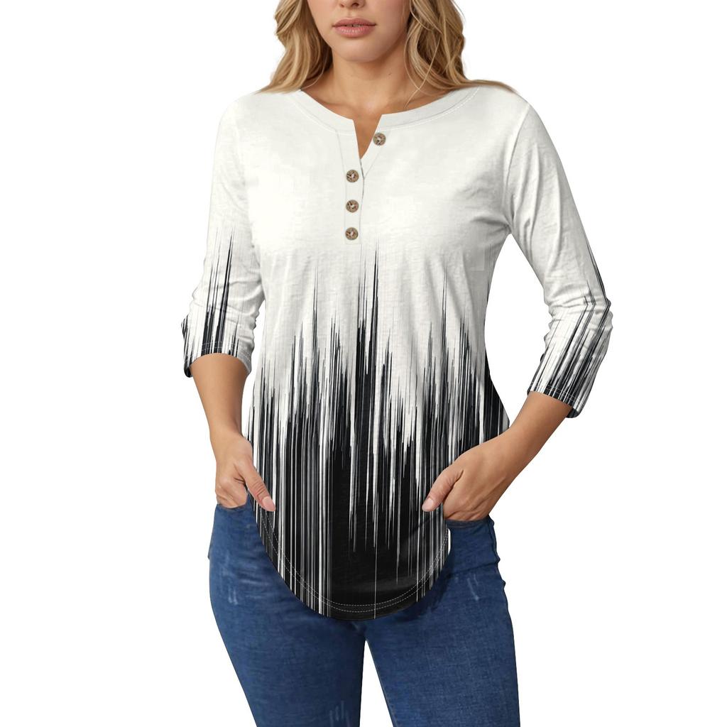 Женские топы с рукавами 3/4, летние футболки с цветочным принтом и V-образным вырезом, повседневные базовые футболки с пуговицами, туники