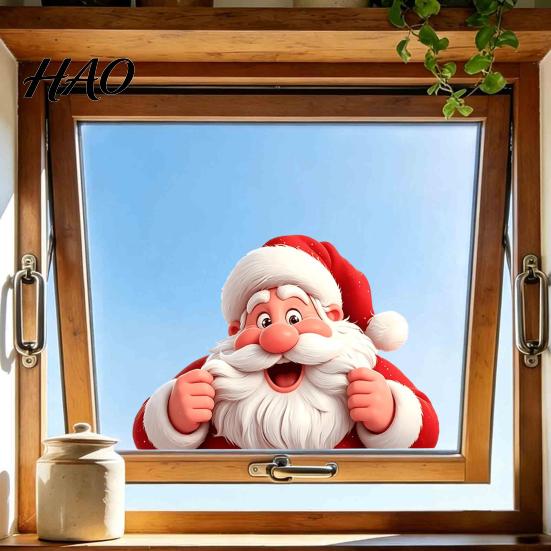 Christmas Home Decorations Peeking Santa Claus Static Window Cling, 3D Effect Decorative Holiday Wall Art Sticker, Reusable Glass Decal for