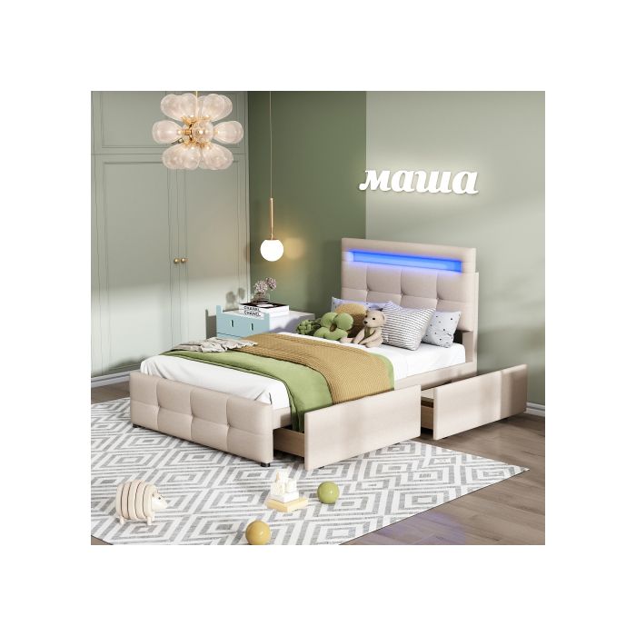 Lit 90x200 cm - MUVOE - Rembourré - Éclairage LED - 2 tiroirs - Beige
