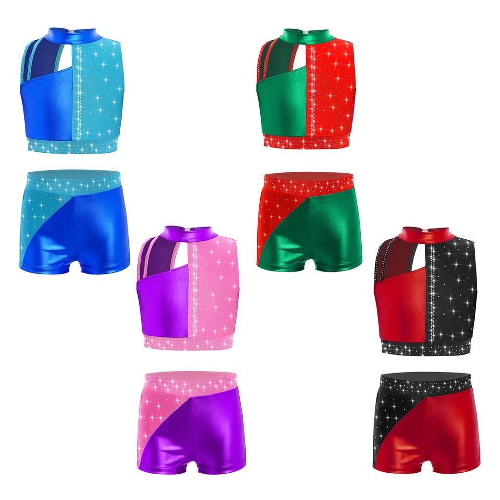 Блестящий костюм для выступлений со стразами для девочек: Металлический кроп-топ с цветовыми блоками и matching эластичные шорты для сцены