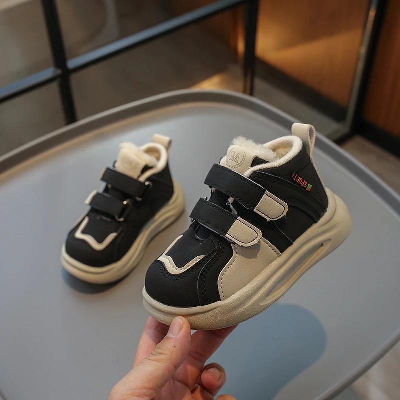 Boys Casual Sport Shoes Winter Warm Britain Style Girls Casual Shoes Double Hook & Loop Children Fashion Leather Shoes 2024 New