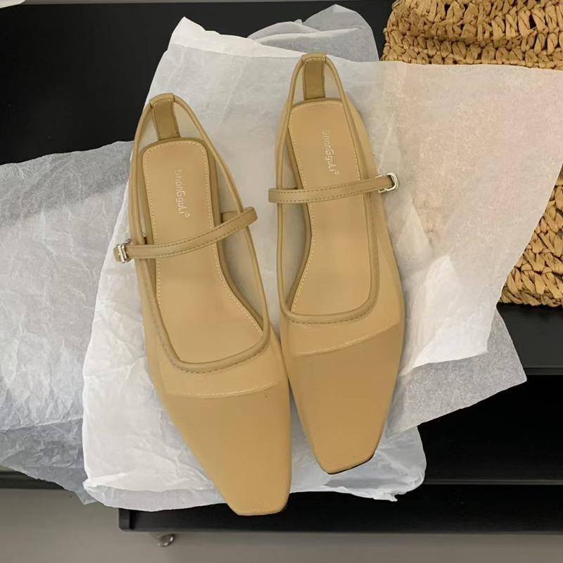 Модная SUOJIALUN 2025 Осень Женская Красная Обувь на Плоской Подошве Модная Сетка Квадратный Носок Мелкая Мэри Джейн Балетки Уличная Мягкая Платье Одинарная Обувь