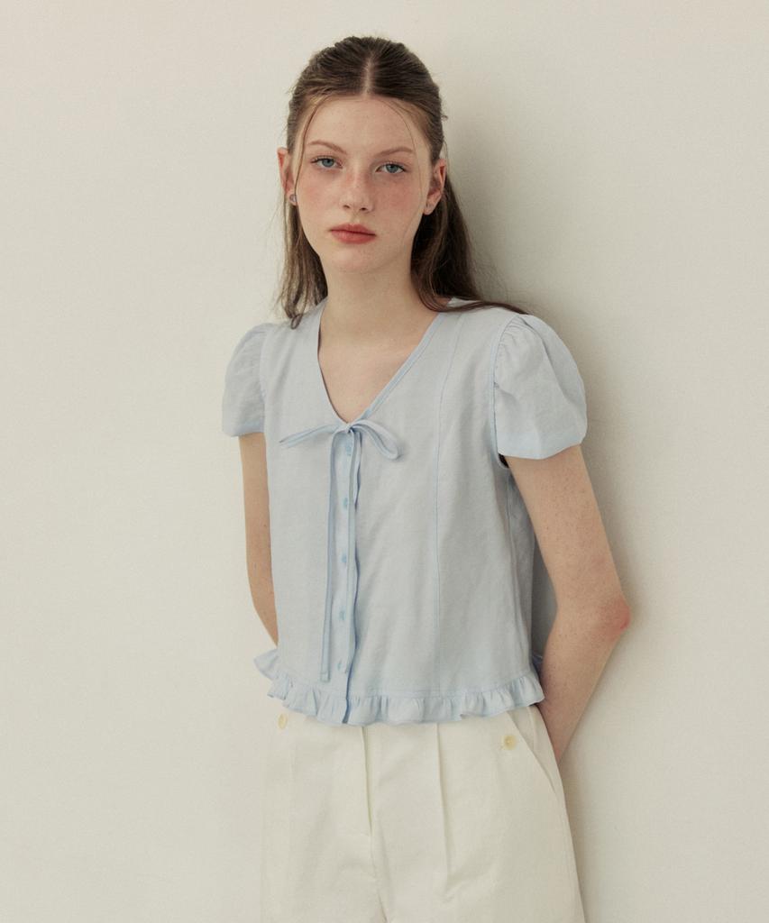 ADAUL Puff Button Ribbon Half Sleeve Blouse - Sora