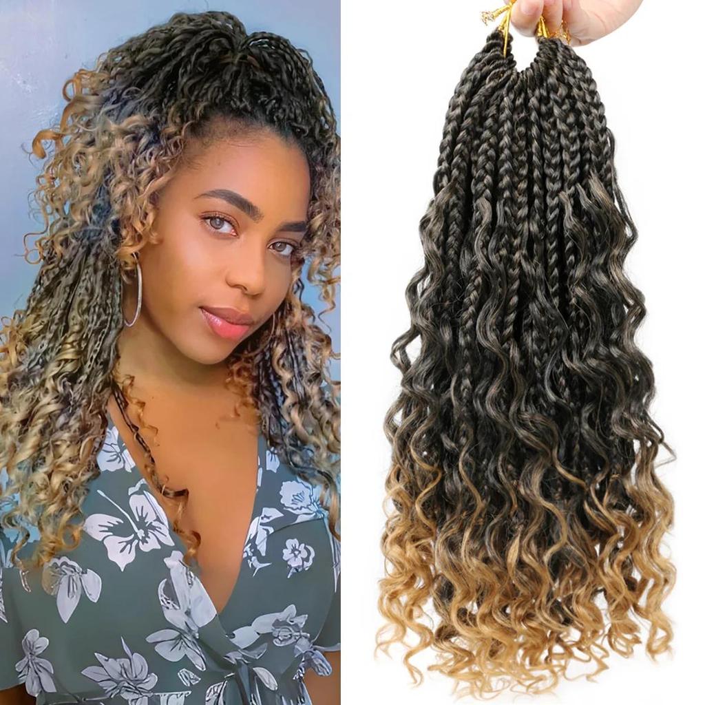 ALAN EATON 14 Inches 60g Synthetic Gradient Color Goddess Braids Crochet Curly Boho Braids Crochet Extension for Women 16 Strands/Pack