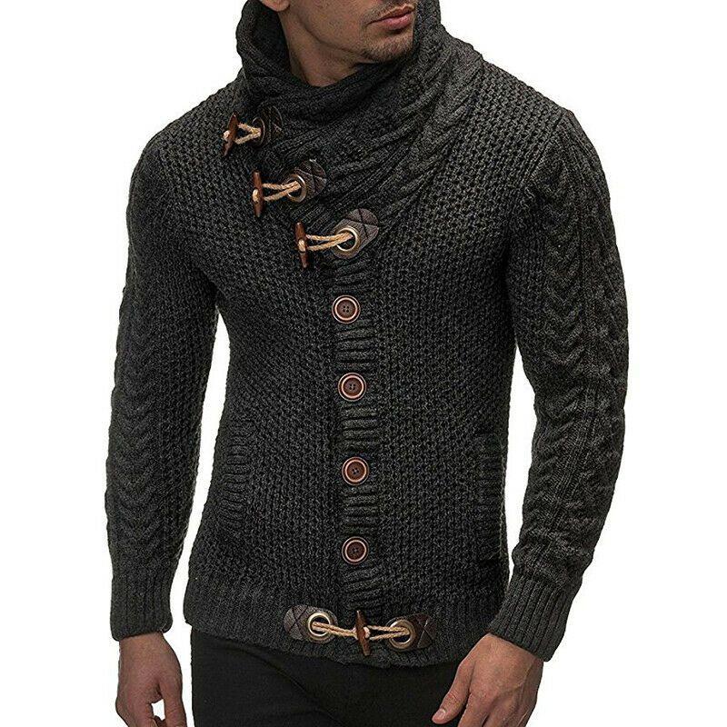 Элегантный мужской трикотажный свитер с длинным рукавом, пуговицами-рожками и воротником-стойкой, пальто-кардиган