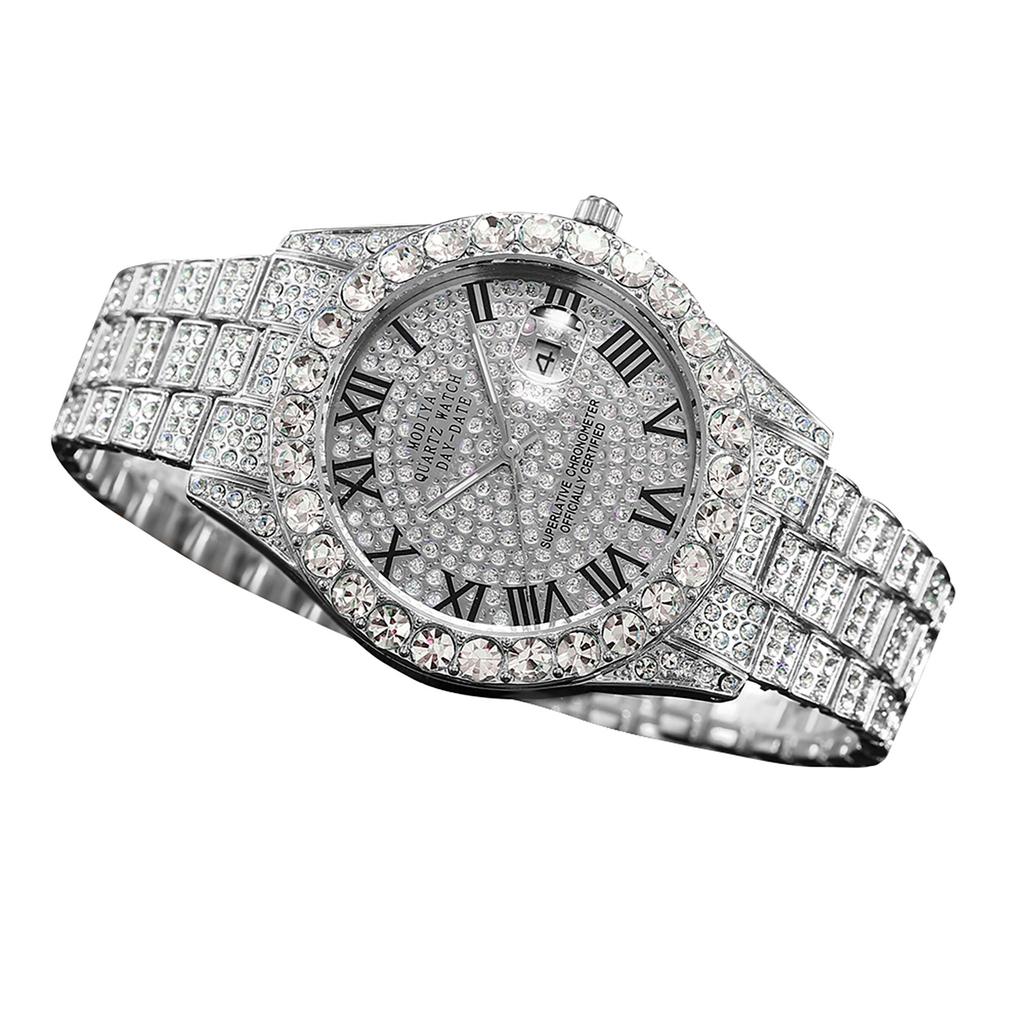 Часы с календарем из водного бриллианта и бриллиантами, римская шкала, стальной ремешок из сплава, мужские часы