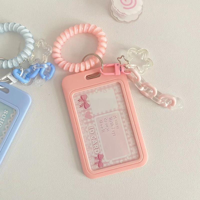 Cute Square Kpop Card Holder Girl Bow Heart-Shaped Keychain Idol Holder Student Campus Card Bus Card Clip