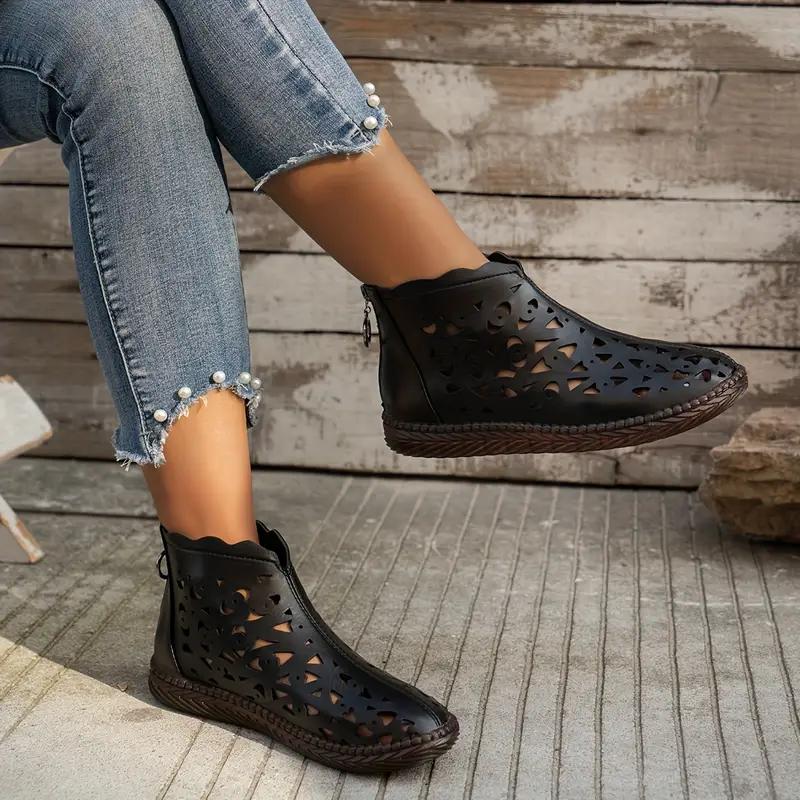 Новые легкие модные ботинки Женские весенне-летние дышащие ботильоны в британском стиле Удобные с полым задником на молнии из ПУ Женские ботинки