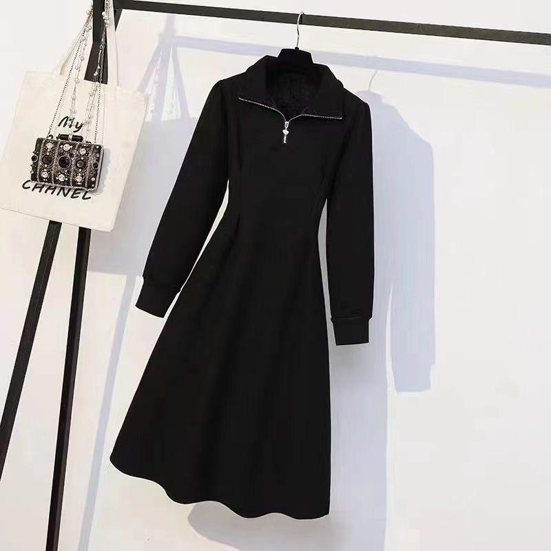 Женское платье-свитер на молнии в корейском стиле больших размеров - плотный бархат, однотонный, повседневная длинная юбка на осень/зиму