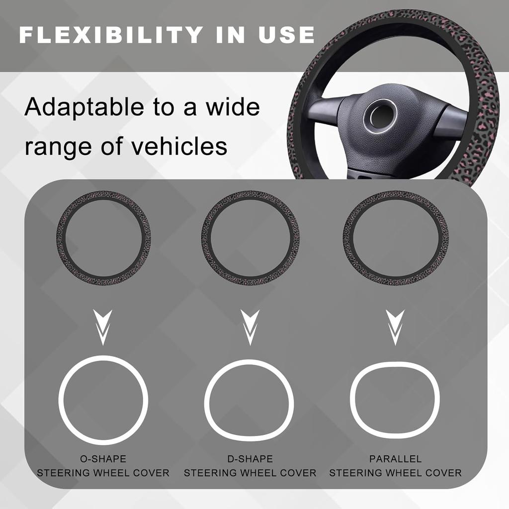 Pink Black Leopard Cheetah Print Steering Wheel Cover, Cute Anti-Slip Breathable Car Accessories Interior Elastic Steering Wheel Cover for Women Fit