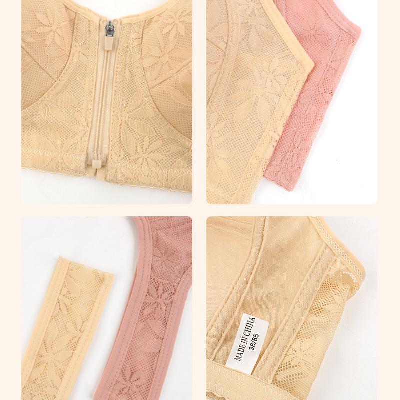 Soft Cotton Thin Cup Front Zipper Middle-aged and Elderly Underwear Ladies Jacquard Non-steel Ring Undershirt Type Large Size Bra