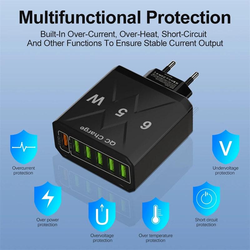 65 Вт 6 портов USB Зарядное устройство Быстрая зарядка QC3.0 Дорожное зарядное устройство для IPhone 14 Samsung Xiaomi Адаптер для мобильного телефона EU KR US UK Штекер