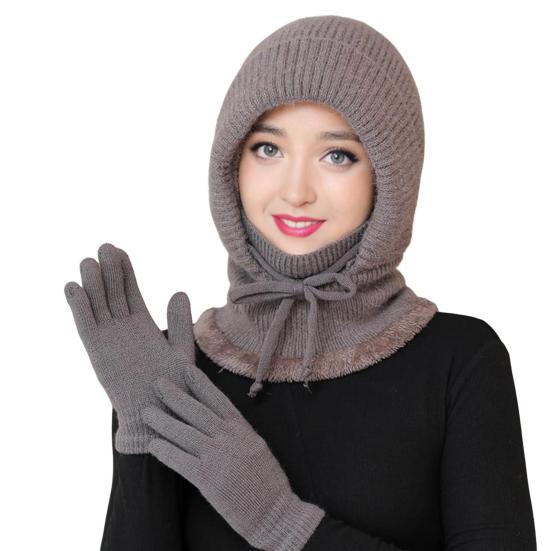 2Pcs/Set Women Hat Gloves Set Solid Color Plush Lining Knitting Beanie Hat with