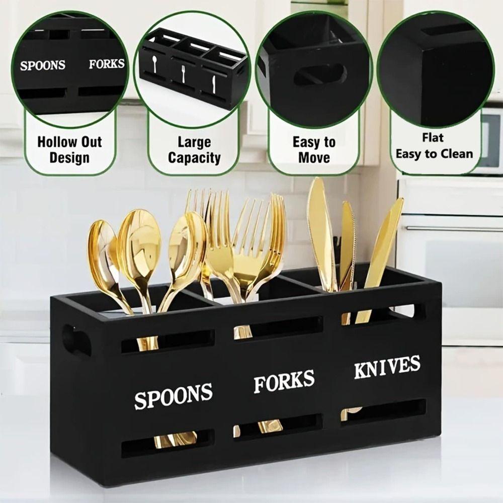 3 Compartments Cutlery Holder Wooden Storage Rack Portable Kitchen Utensil Holder Table Countertop