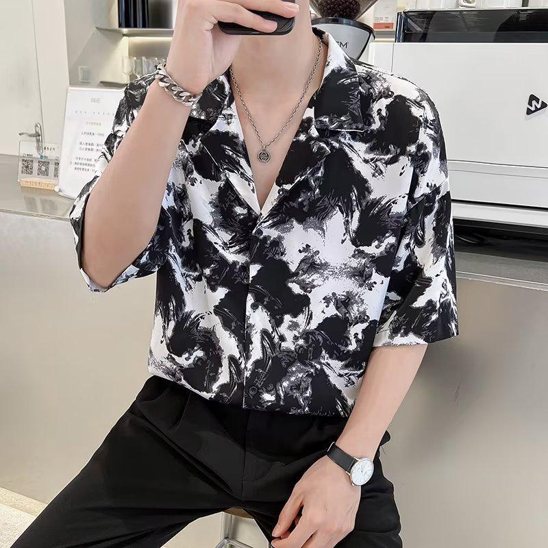 Мужская свободная летняя рубашка с коротким рукавом и драпировкой