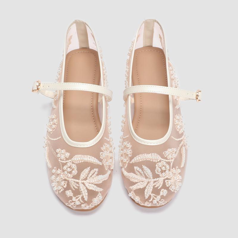 White Pearl Mesh Embroidery Ballet Flats Women Elegant String Bead Flat Sandals Light Summer Mary Jane Shoes Zapatos De Mujer