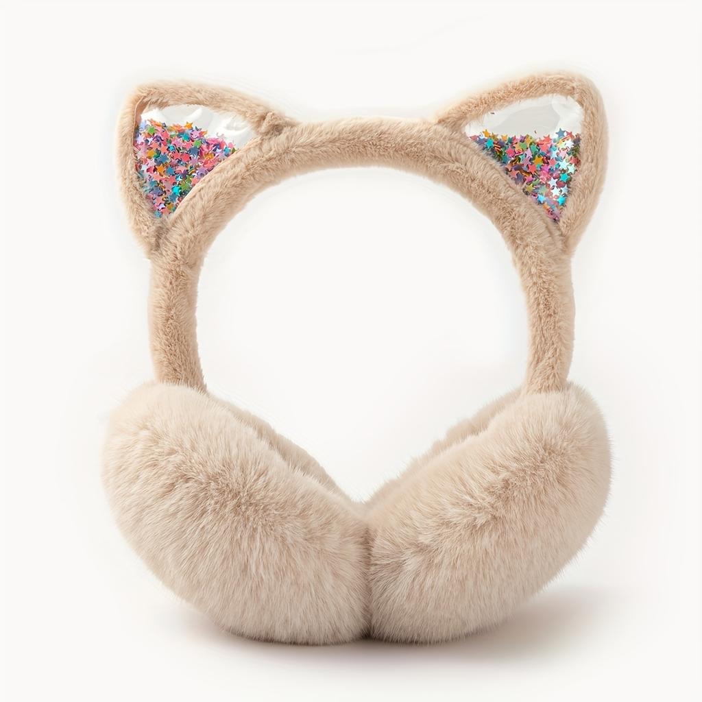 Cute Cat Ear Earmuffs for Teen Girls - Foldable Winter Ear Warmers, Sparkle Sequin Design, Solid Color, Polyester, Suitable for Ages 15+