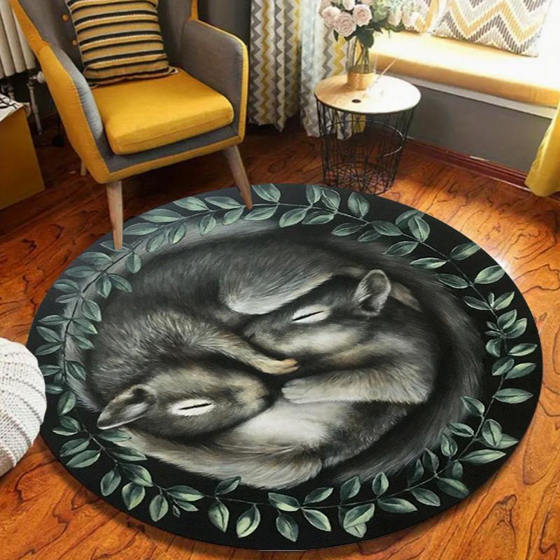 Round Black Carpet Mat Rug with Cute Sleeping Animals Leaf Pattern Home Decoration for Living Room Bedroom Floor Decor