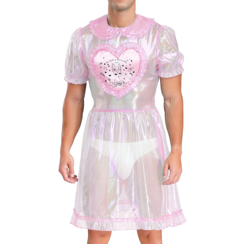 Мужское прозрачное сетчатое платье горничной, милый воротник, рукава-буфы, расклешенное А-силуэта, костюм для кроссдрессинга, клубная ночная одежда