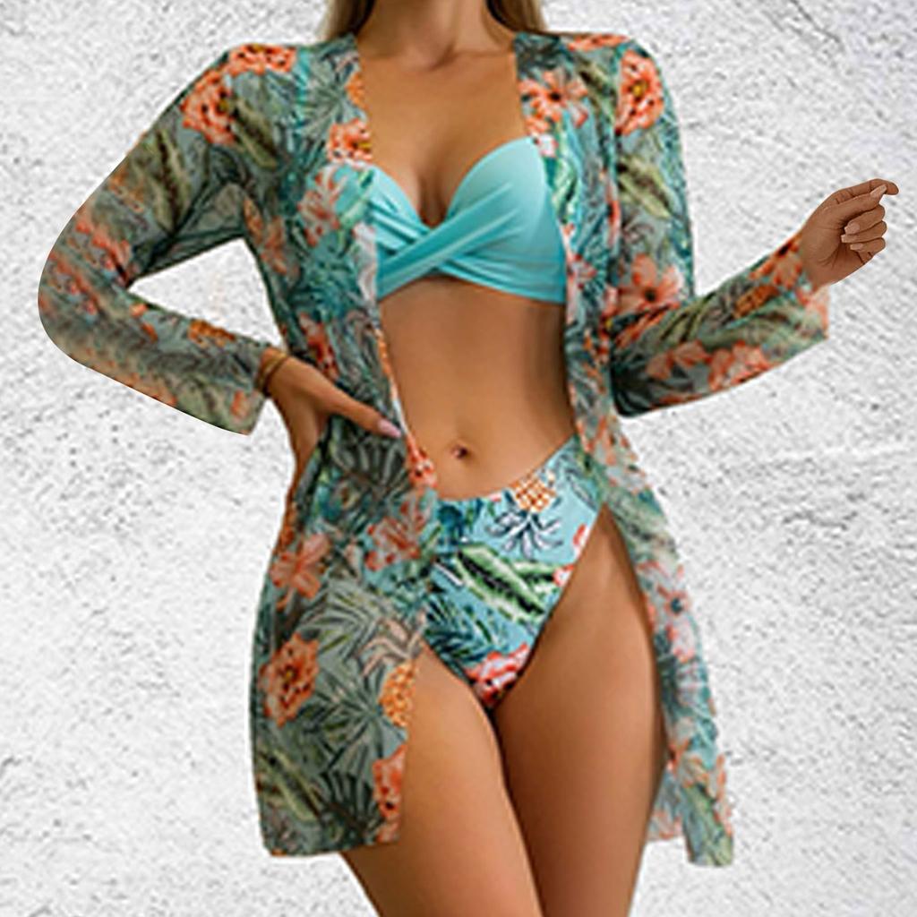 Женский бикини с цветочным принтом, сексуальный быстросохнущий купальник, комплект из 3 предметов