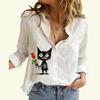Женская мода хлопок льняная рубашка с принтом кота топ с длинным рукавом женская повседневная блузка на пуговицах